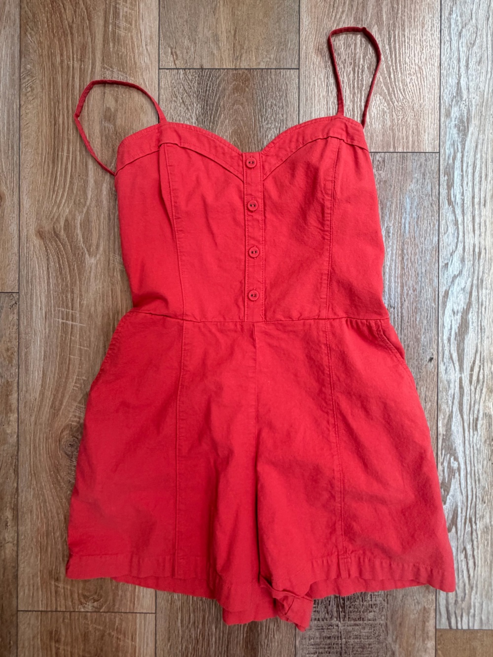 Abercrombie & Fitch Coral Red Smocked Romper with Buttons